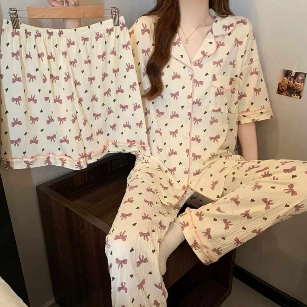 Pink Ribbon & Heart Print 3-Piece Pajama Set