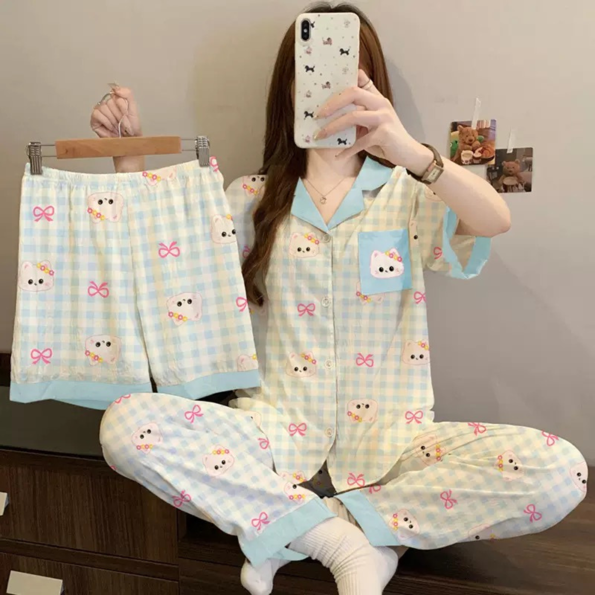 Kitty Check PJ Set- 3Pcs PJ Set