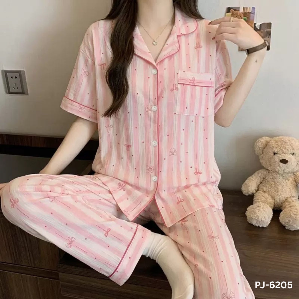 Pink Strip Ribbon Premium Pajama Set– Half Sleeve