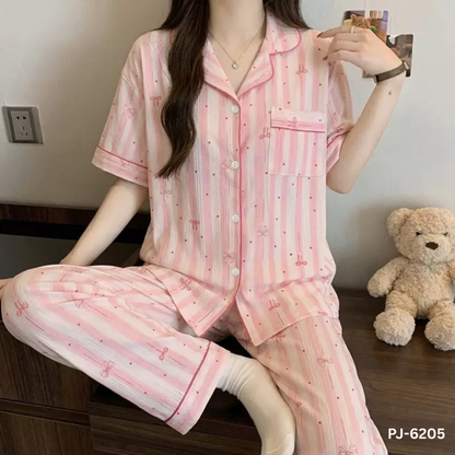 Pink Strip Ribbon Premium Pajama Set– Half Sleeve