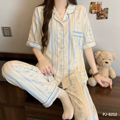 Floral Blue Blossom Premium Pajama Set  – Half Sleeve