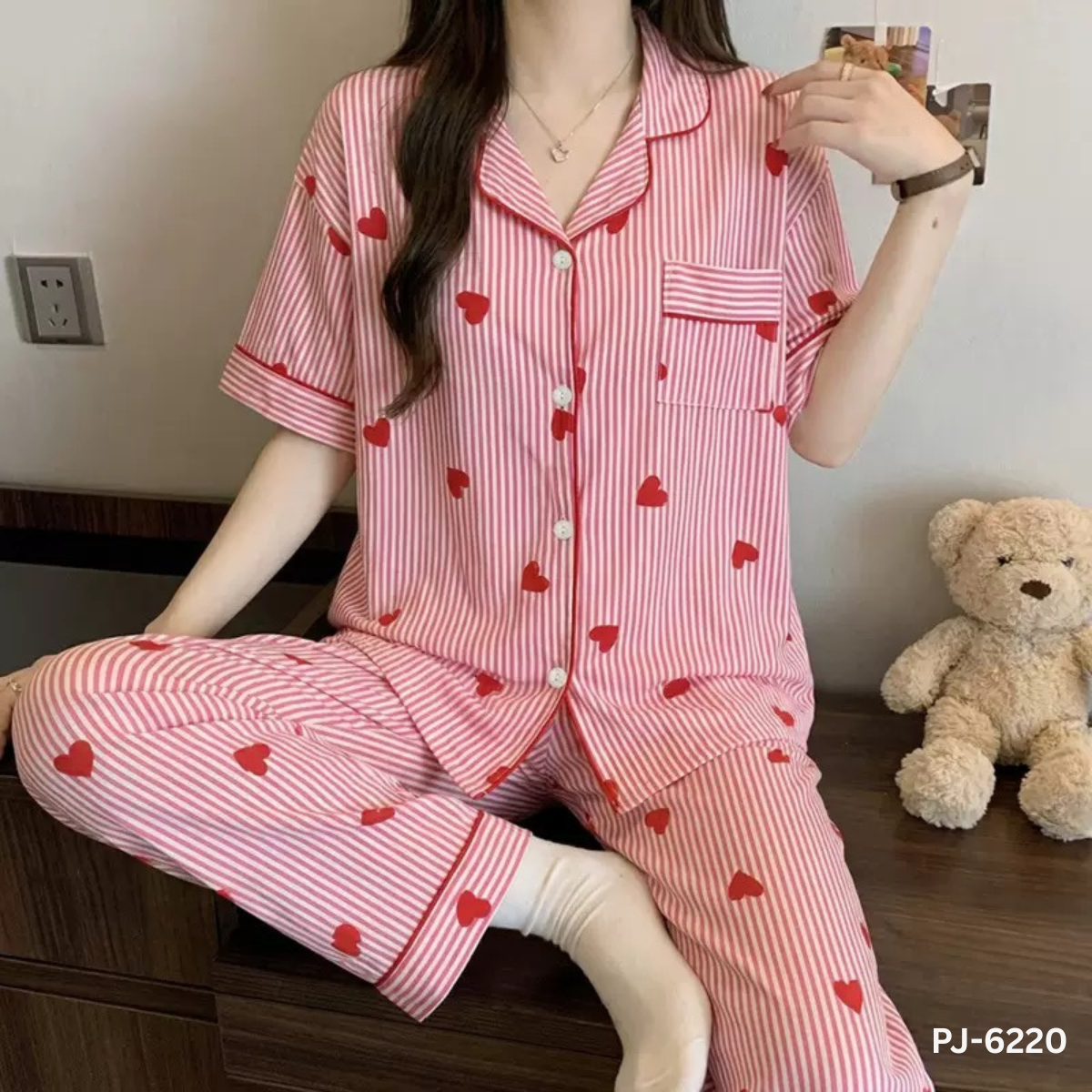 Pink Stripes Love Heart Premium Pajama Set – Half Sleeve