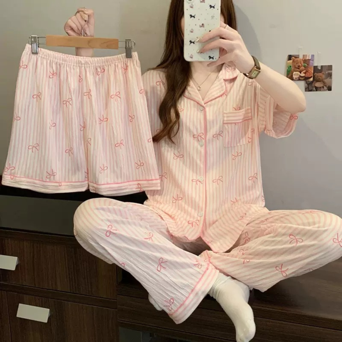 Pink Stripe Bow PJ Set- 3Pcs PJ Set